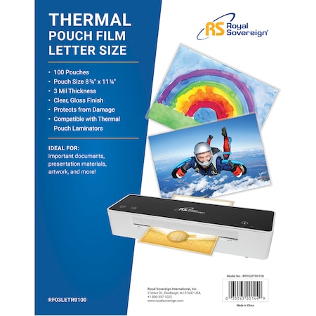 ROYAL SOVEREIGN Pouch Lamination Film, 3 Mil Thickness, Letter Size, PK100 RF03LETR0100